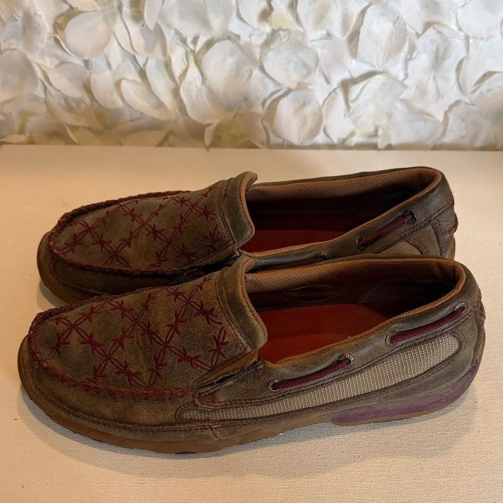 Twisted X Olive Suede Slip-On Loafers with Burgundy Stitching